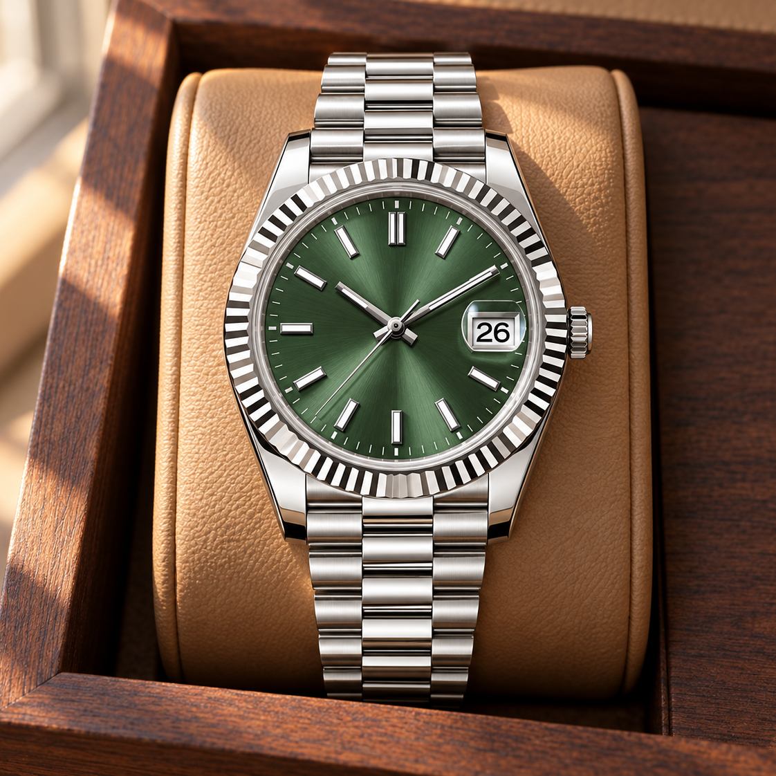 Crownline Date Mint Green with alternate Five-Link bracelet on a tan cushion in a walnut watch box