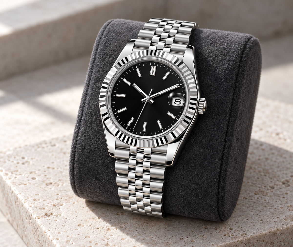Crownline Date Stealth Black with Jubilee bracelet on a graphite suede cushion over limestone