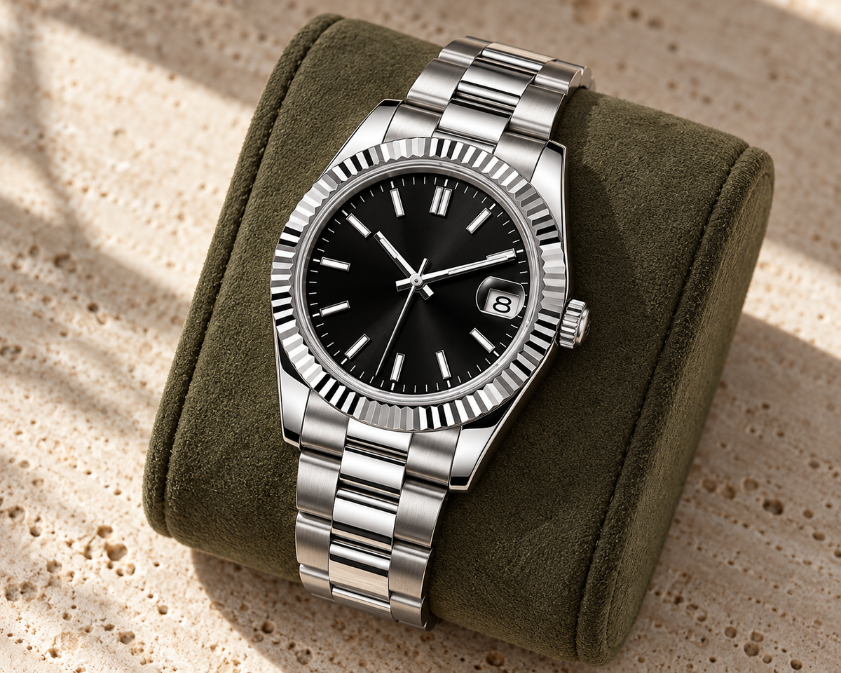 Crownline Date Stealth Black with Oyster bracelet on an olive suede cushion over travertine