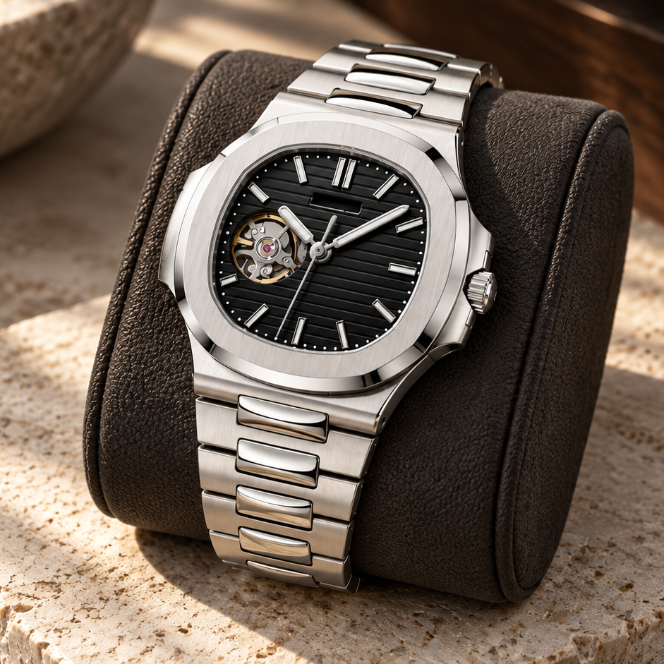 Open Heart Nautiko Stealth Black on charcoal leather cushion