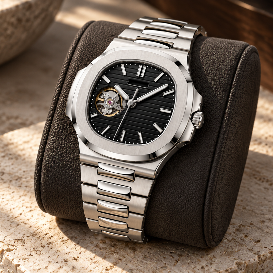 Open Heart Nautiko Stealth Black on charcoal leather cushion