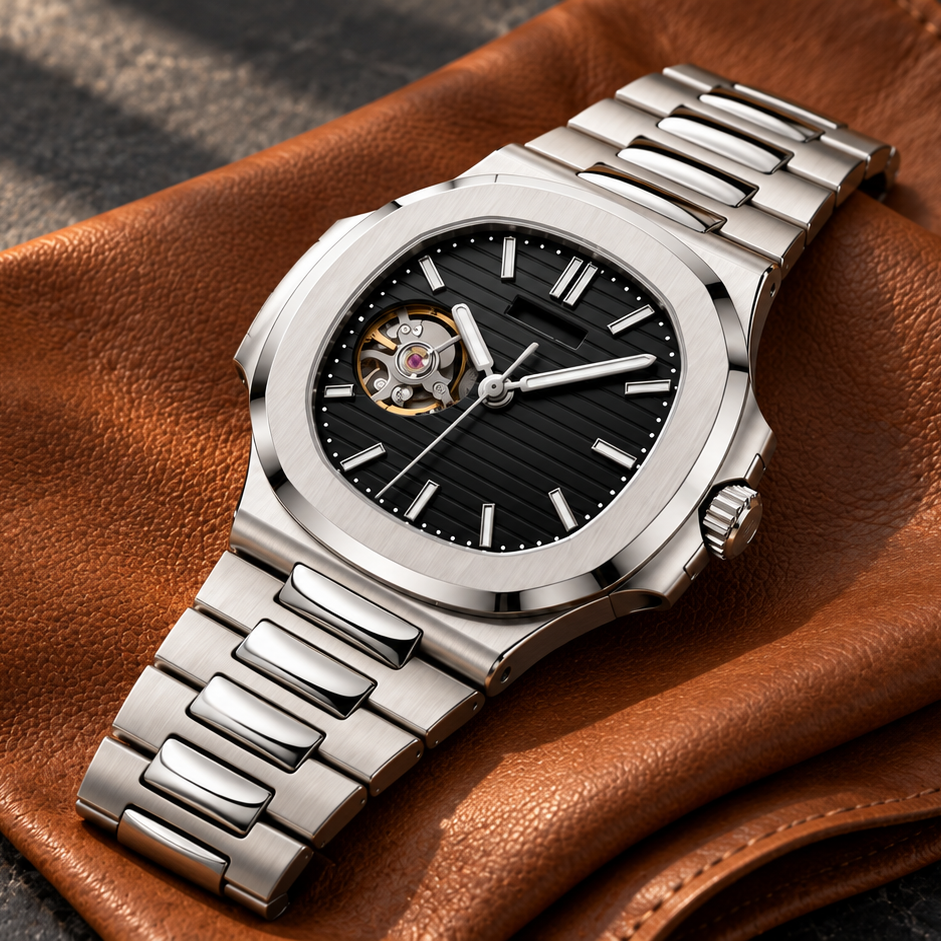 Open Heart Nautiko Stealth Black crown side on cognac leather