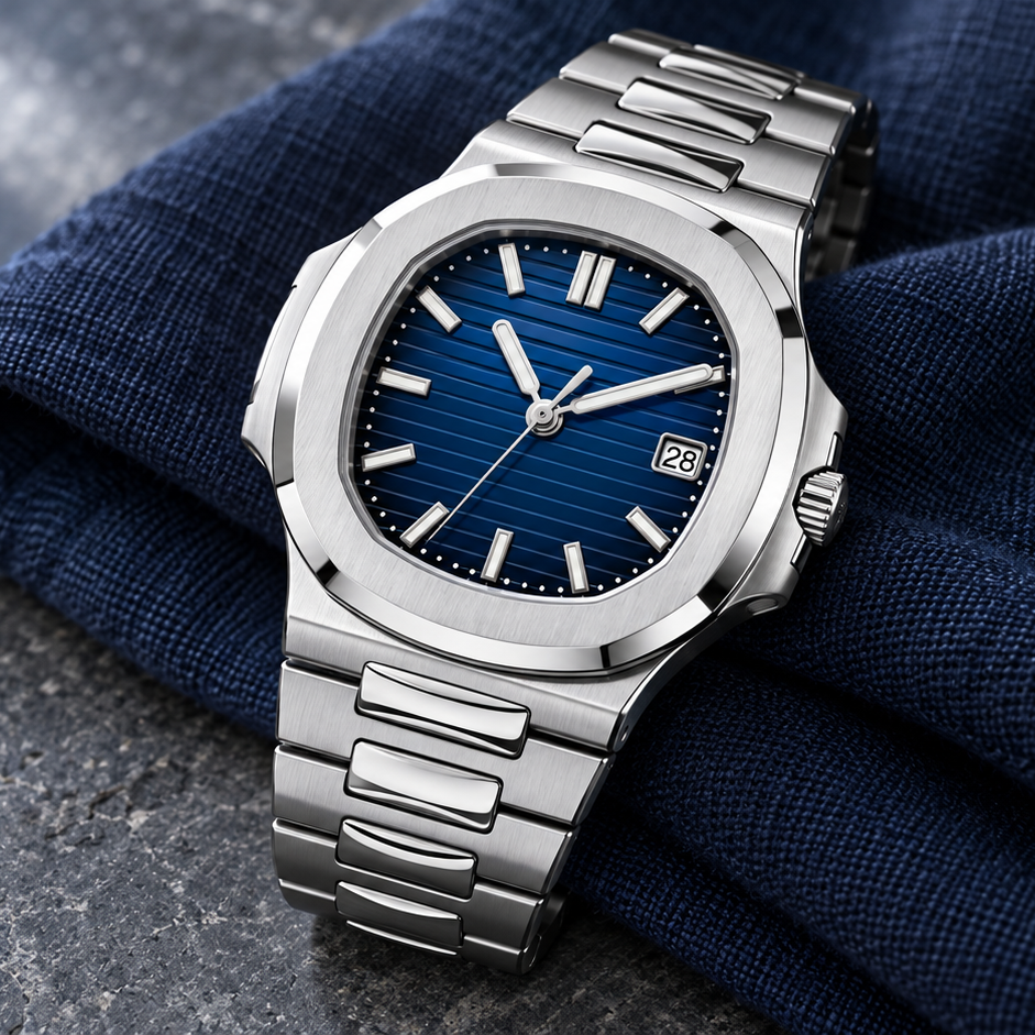 Nautiko Abyss Blue with integrated steel bracelet over navy linen and gray basalt
