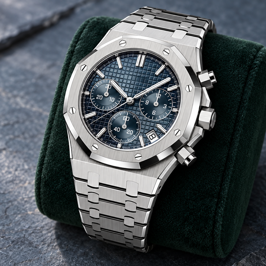 Royal Sportline Chronograph Abyss Blue on a forest suede cushion over gray stone