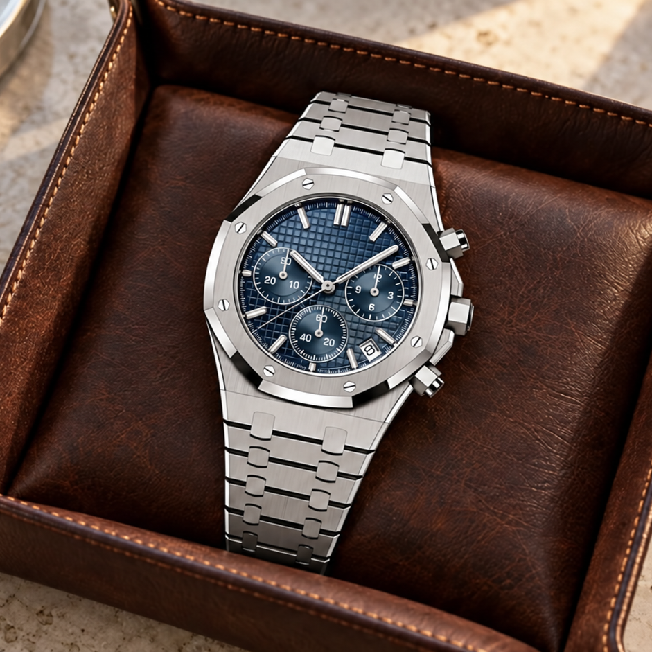 Royal Sportline Chronograph Abyss Blue clean dial on brown leather tray