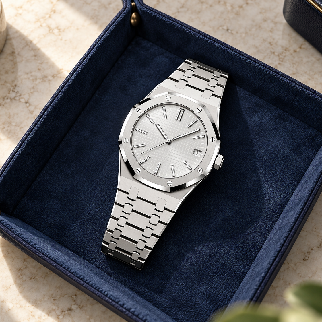 Royal Sportline Ghost White with integrated steel bracelet resting in a navy suede valet tray