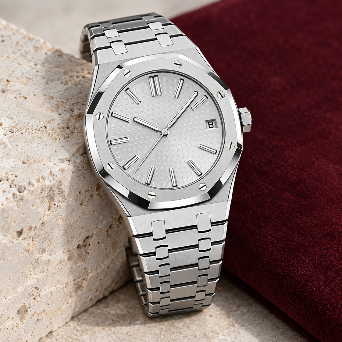 Royal Sportline Ghost White with integrated steel bracelet supported beside limestone and burgundy suede