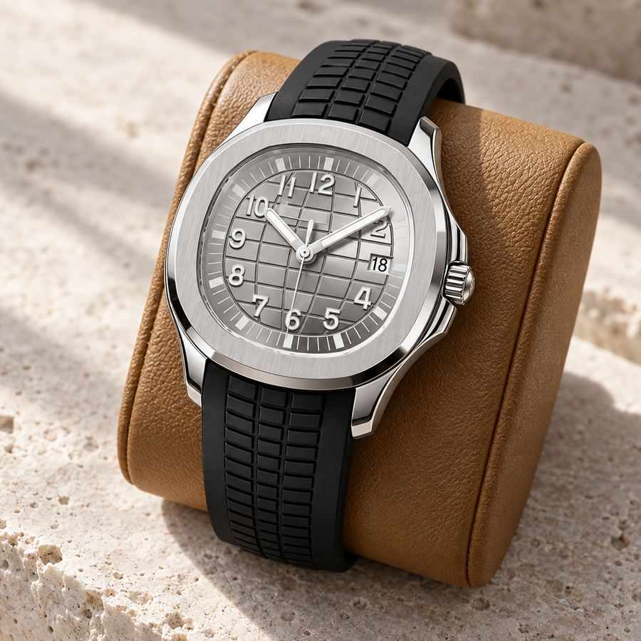 Nautiko Silver with black patterned rubber strap on a cognac leather display cushion