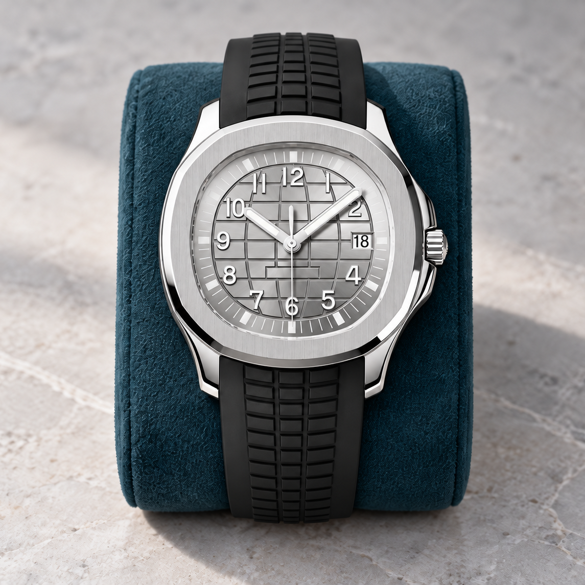 Nautiko Silver with black patterned rubber strap on a deep teal suede cushion