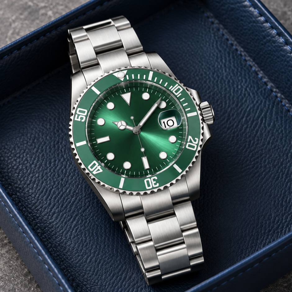 Marine Diver Emerald Green with Three-Link steel bracelet in a deep navy leather tray