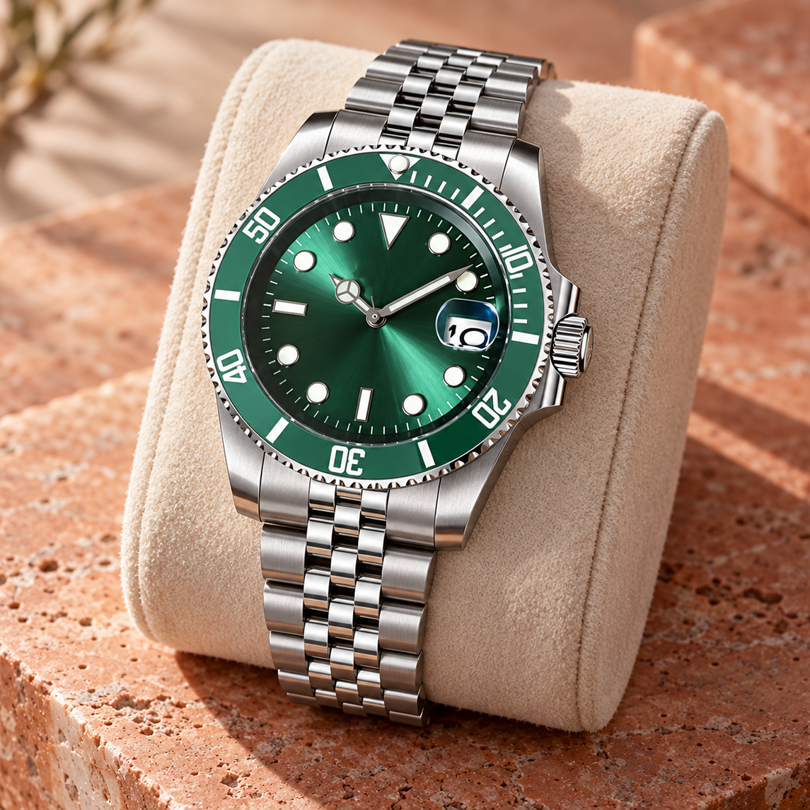 Marine Diver Emerald Green with Jubilee steel bracelet on ivory suede over terracotta stone