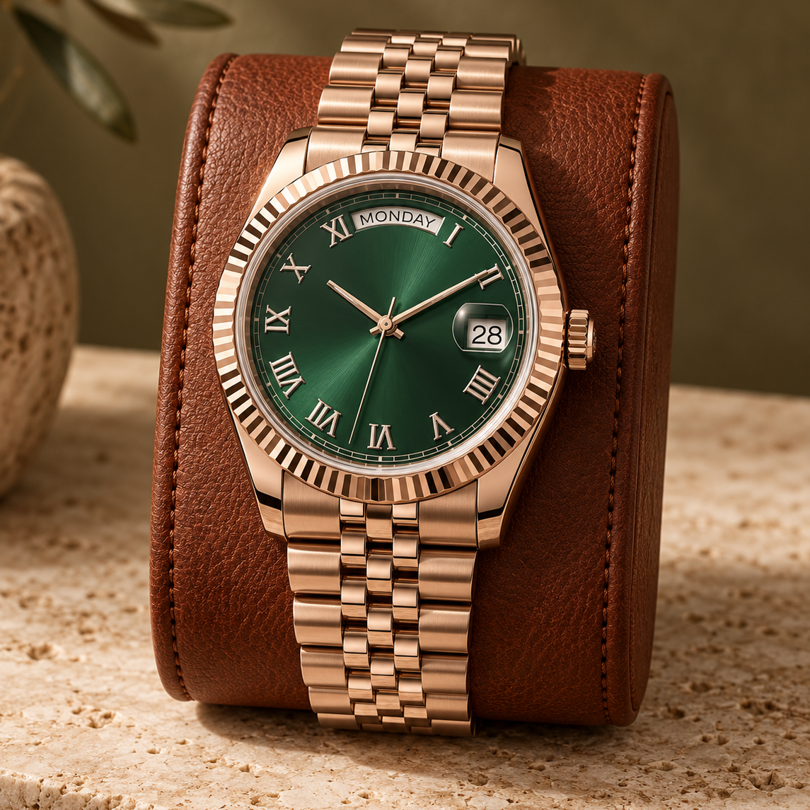 Dayline Calendar rose gold mint green watch on terracotta leather cushion with Five-Link bracelet