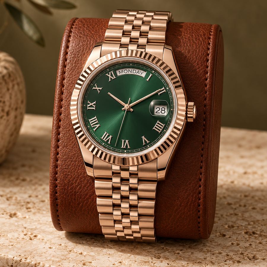 Dayline Calendar rose gold mint green watch on terracotta leather cushion with Five-Link bracelet