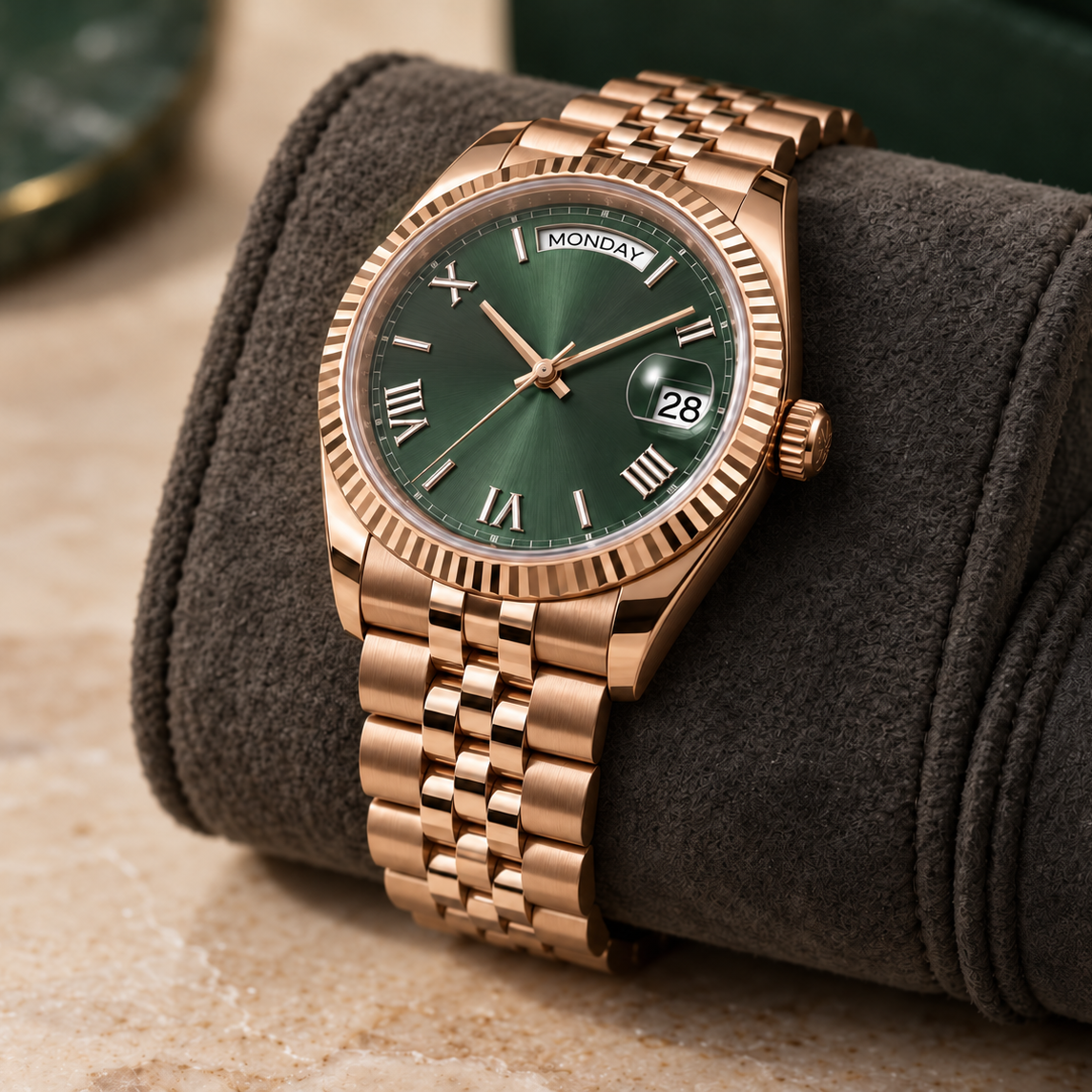Crown-side profile of Dayline Calendar rose gold mint green watch with Five-Link bracelet