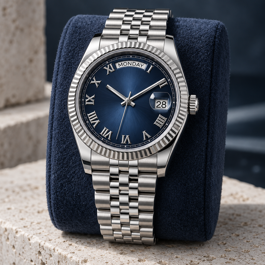 Dayline Calendar Numerals Abyss Blue watch on midnight-blue suede cushion with Five-Link bracelet
