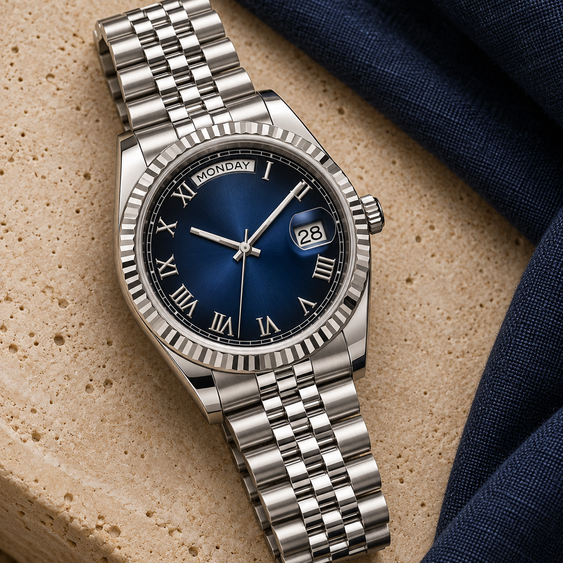 Dayline Calendar Numerals Abyss Blue watch laid diagonally on limestone and navy linen with Jubilee bracelet