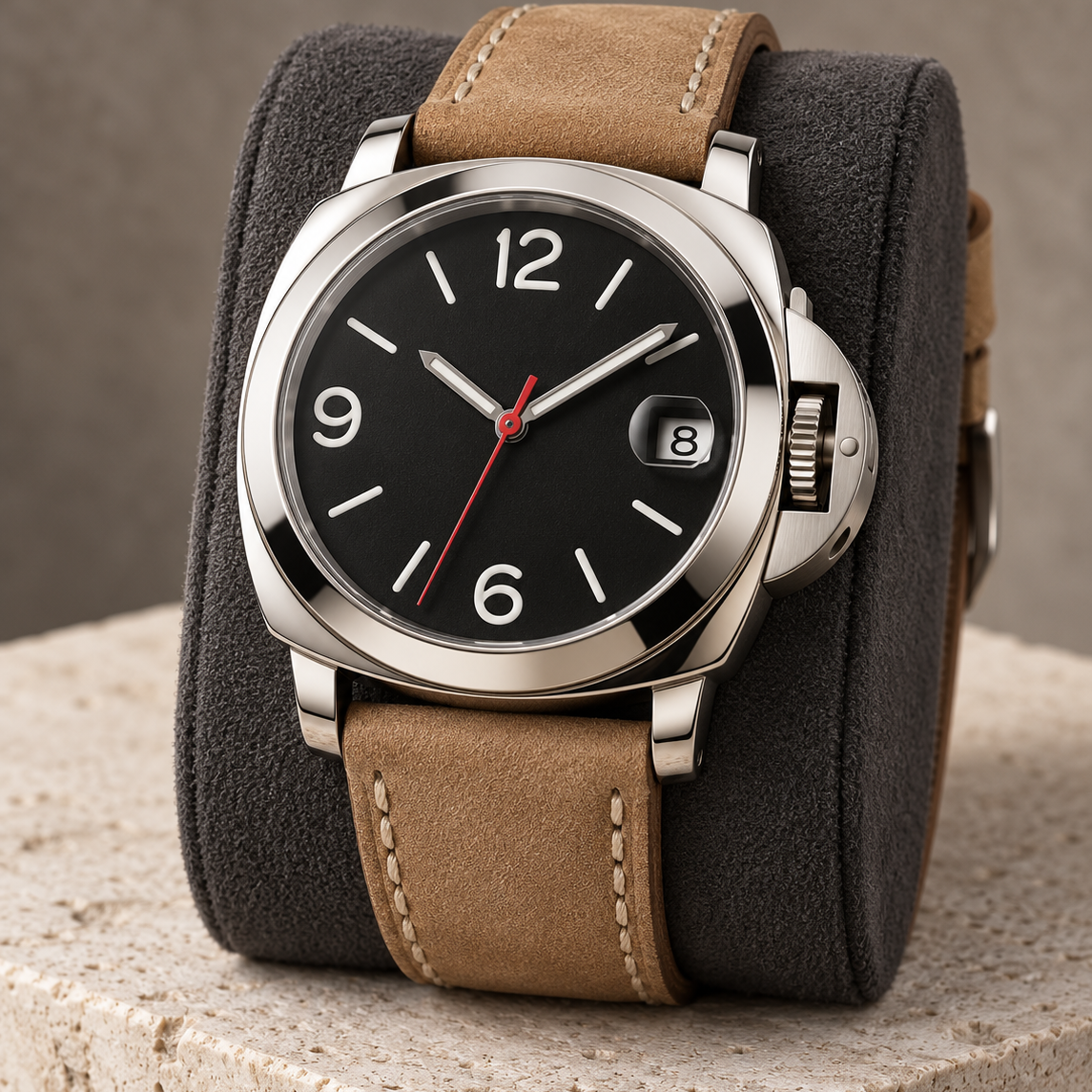 Cushion Classic Sand black dial watch with tan stitched leather strap upright on charcoal suede and limestone