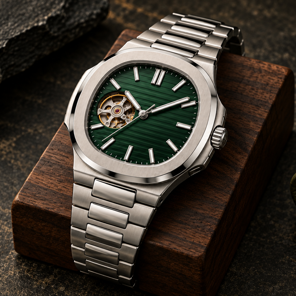 Open Heart Nautiko Forest Green crown-side on walnut block