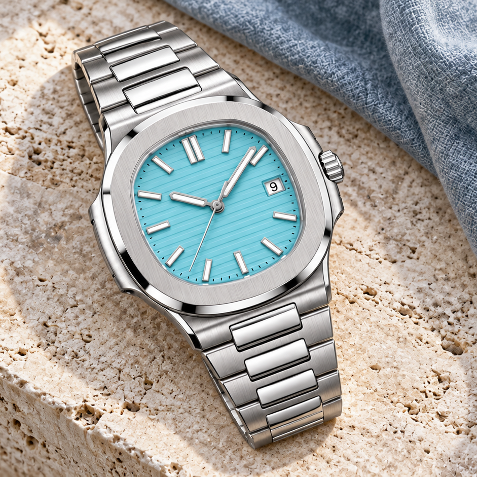 Nautiko Aqua Blue laid on pale travertine