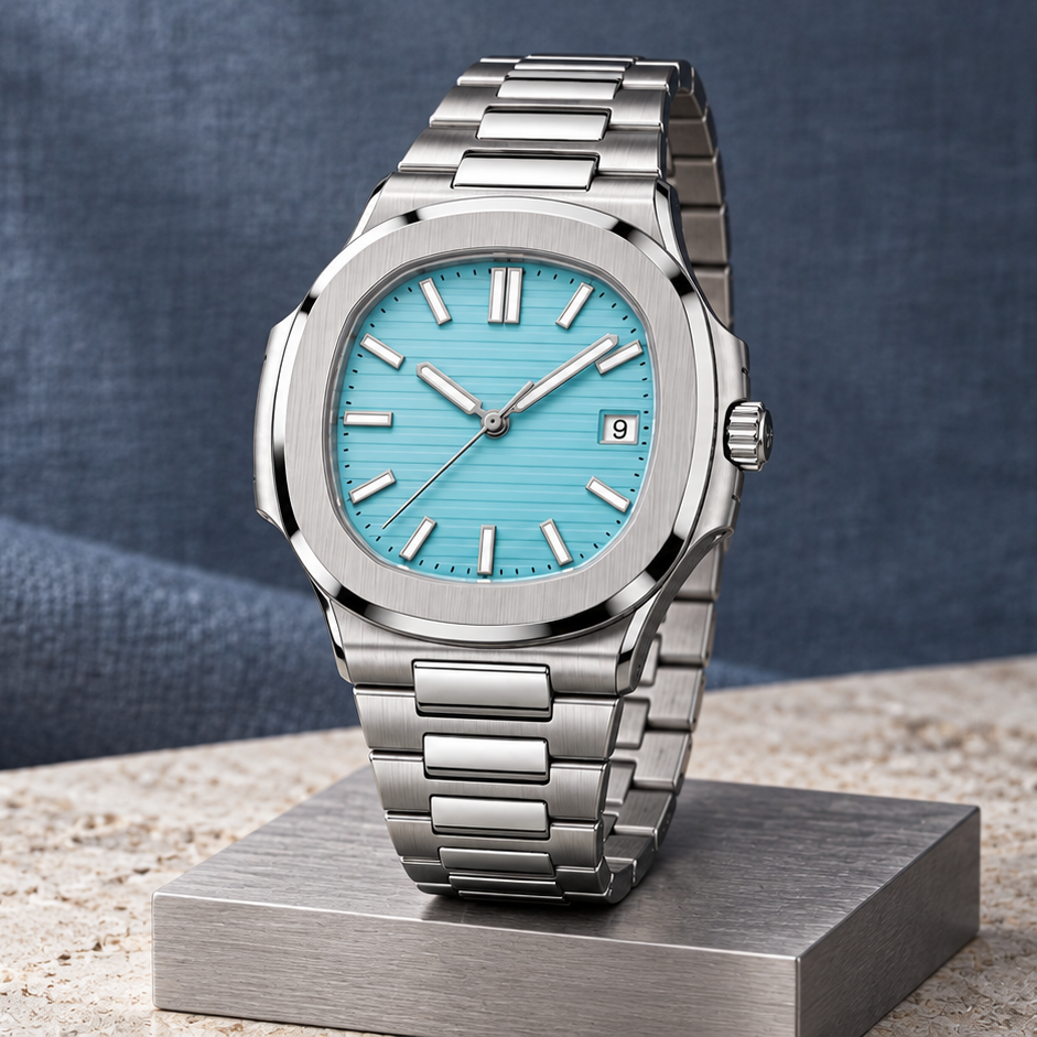 Nautiko Aqua Blue crown-side on brushed steel block