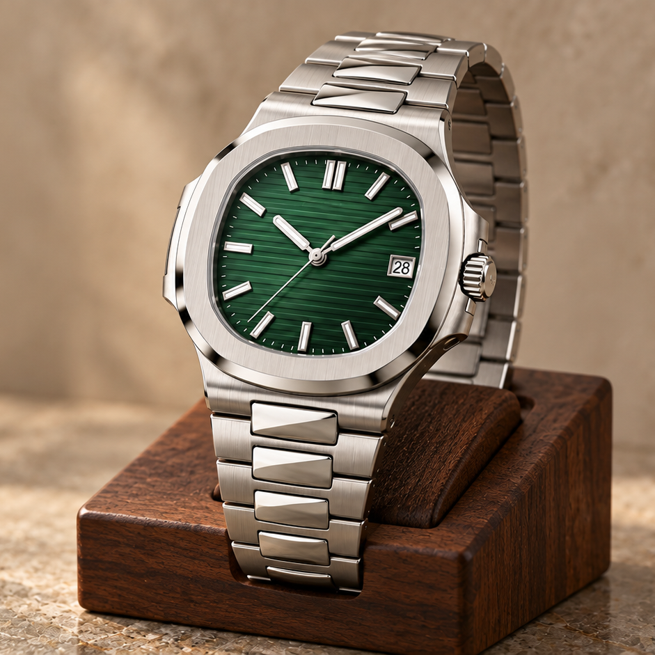 Nautiko Forest Green crown-side on walnut block