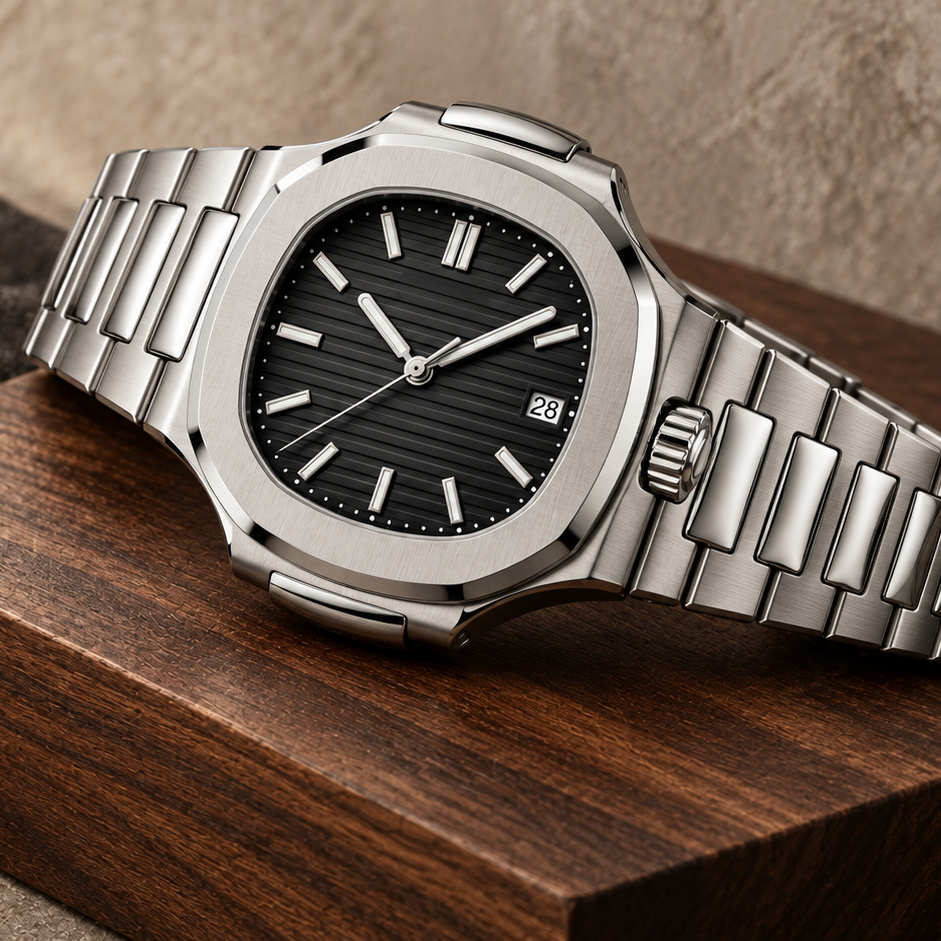 Nautiko Stealth Black crown-side on walnut block