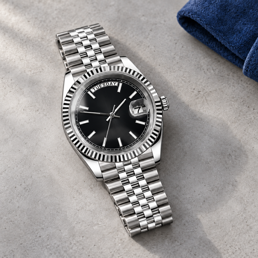 Dayline Stealth Black Jubilee bracelet on pale stone and navy fabric