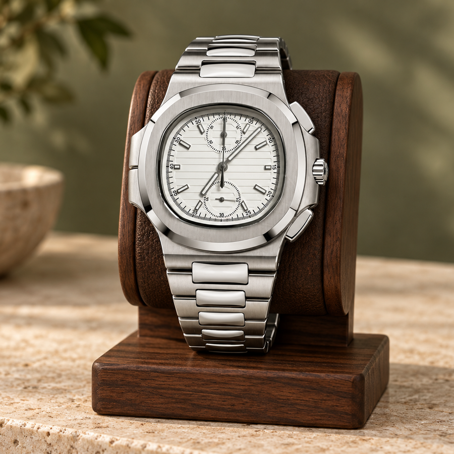 Nautiko Chronograph Ghost White on a walnut display stand