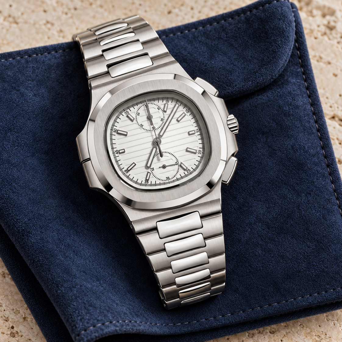 Nautiko Chronograph Ghost White laid on a navy suede mat