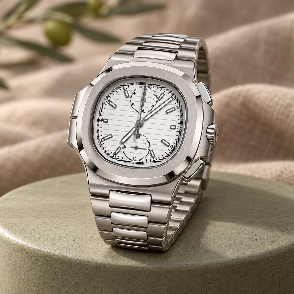 Nautiko Chronograph Ghost White on a sage ceramic plinth