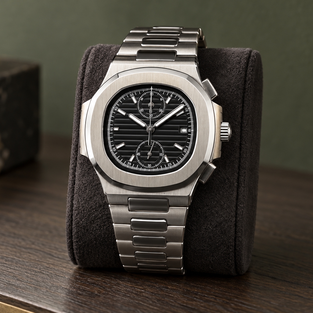 Nautiko Chronograph Stealth Black on a charcoal display cushion