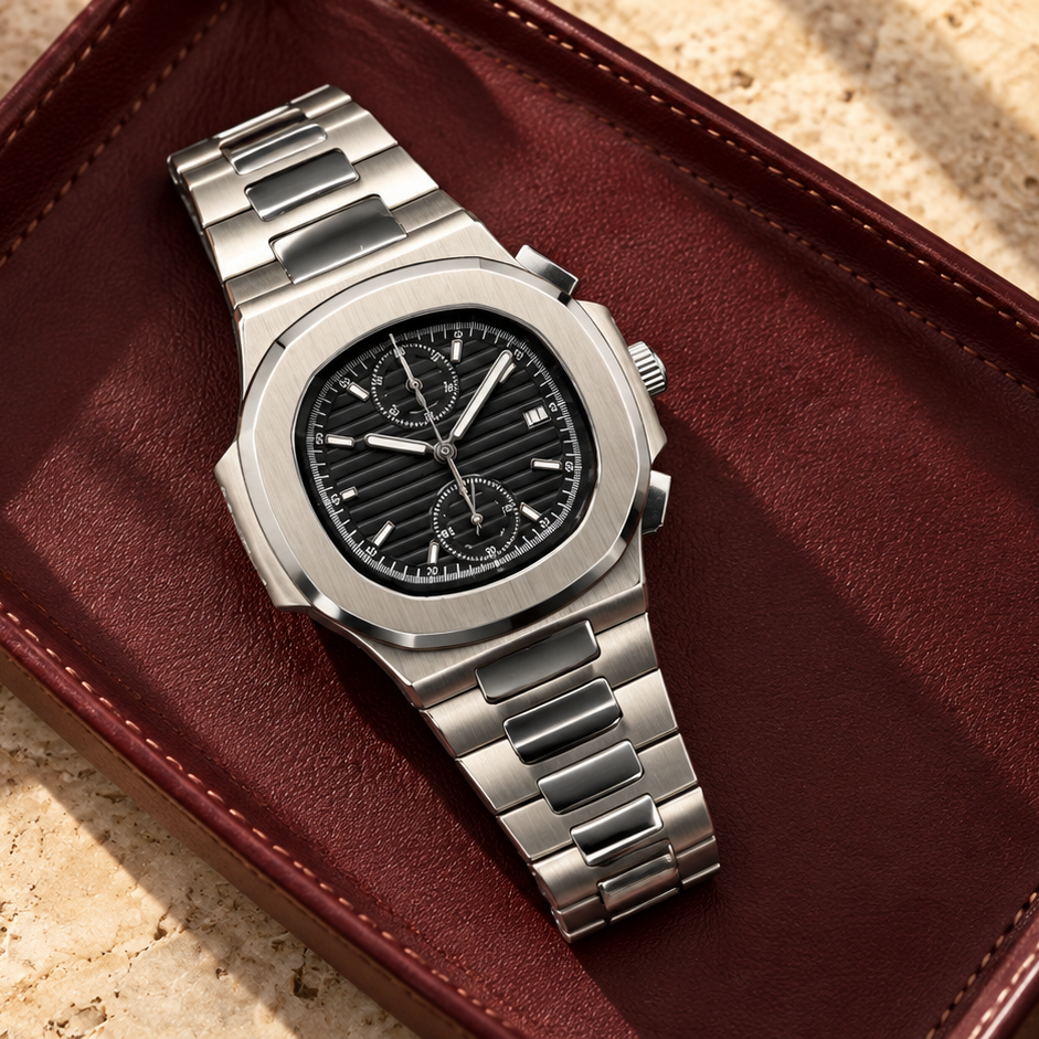 Nautiko Chronograph Stealth Black on a burgundy leather valet tray
