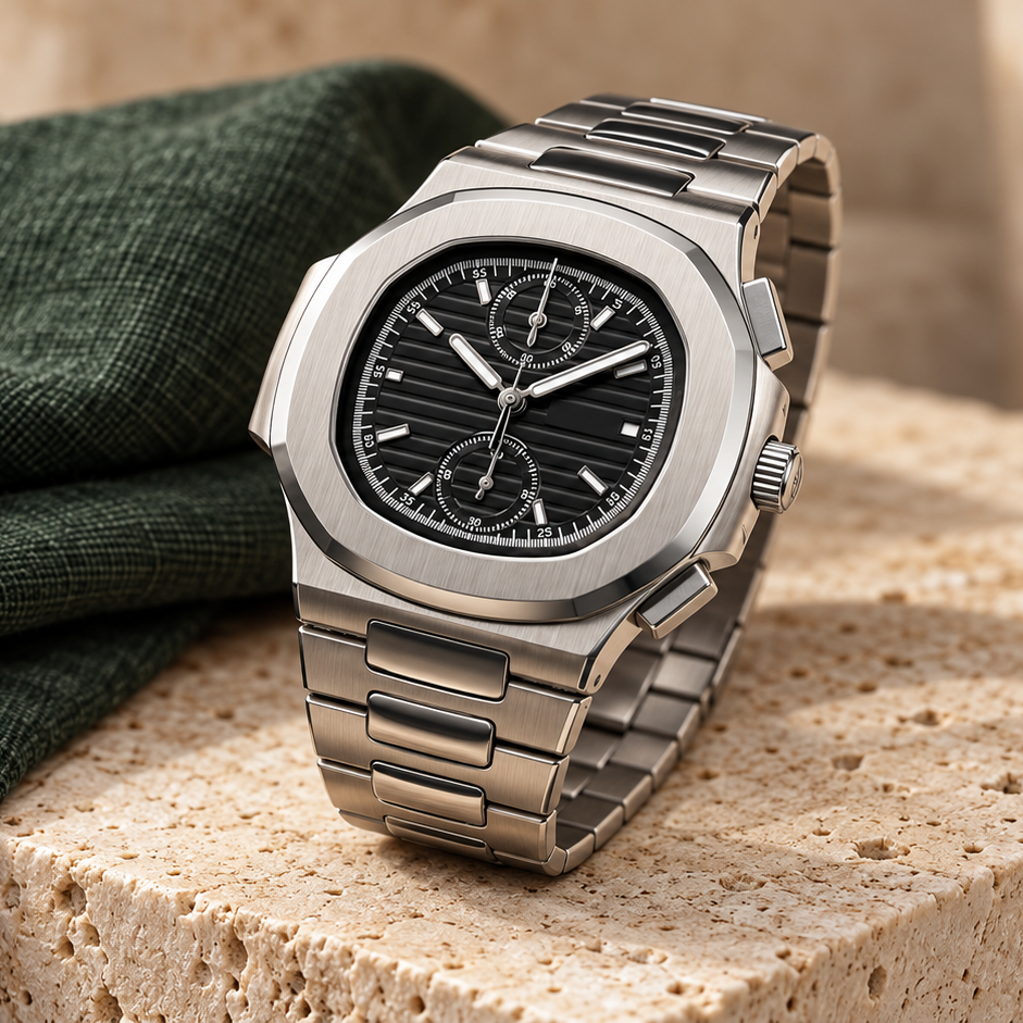 Nautiko Chronograph Stealth Black on a travertine plinth