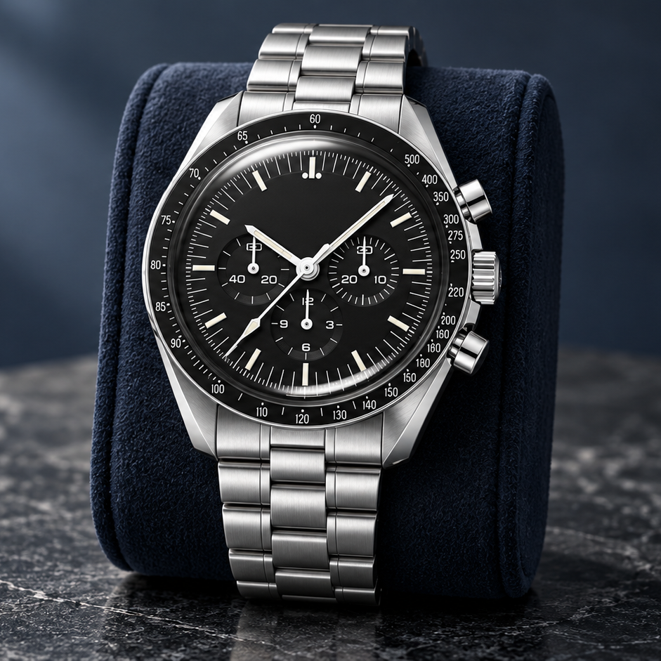 Oceanline Stealth Black tachymeter chronograph on a navy watch cushion