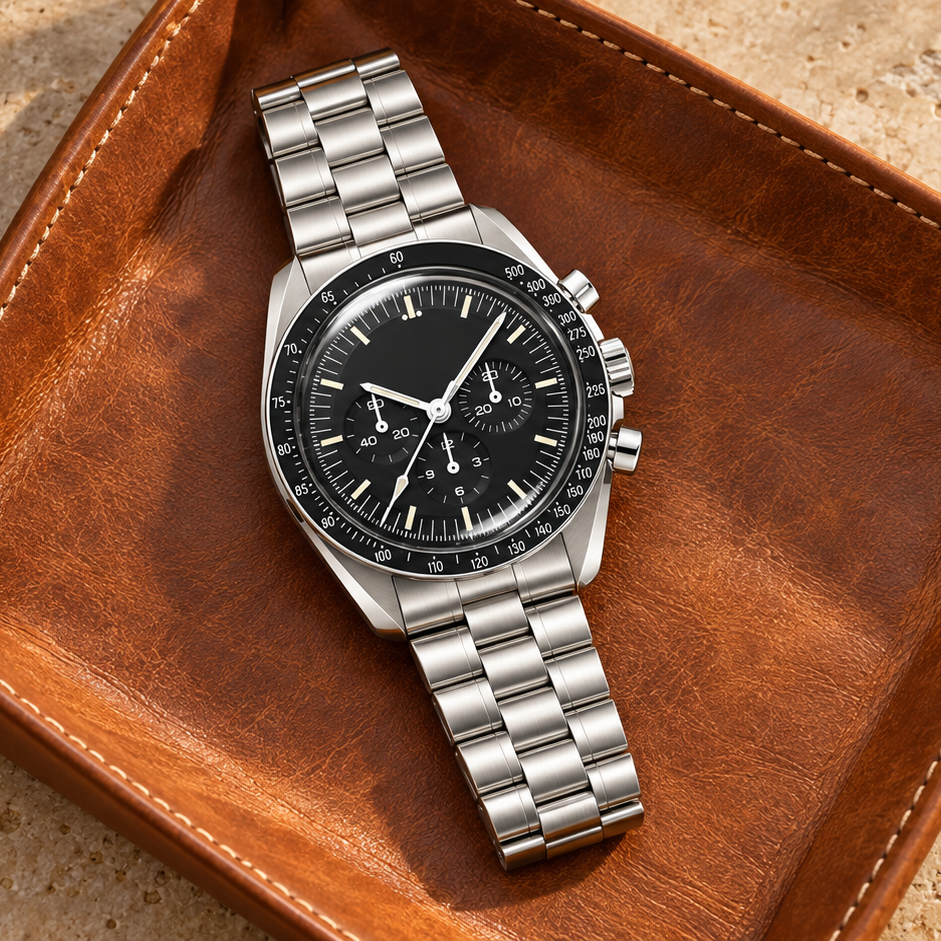 Oceanline Stealth Black chronograph laid on a cognac leather valet tray