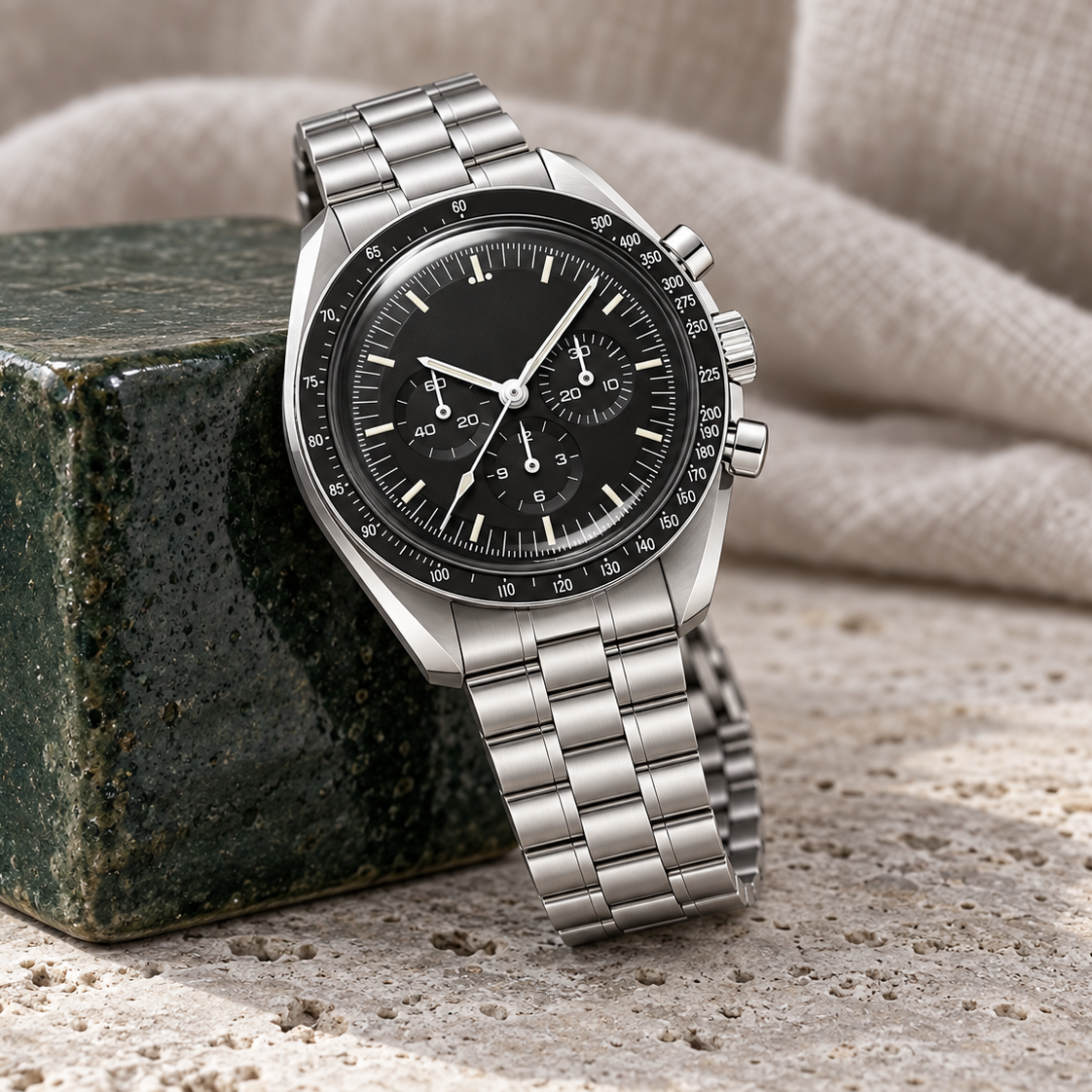 Oceanline Stealth Black chronograph supported on a stone block