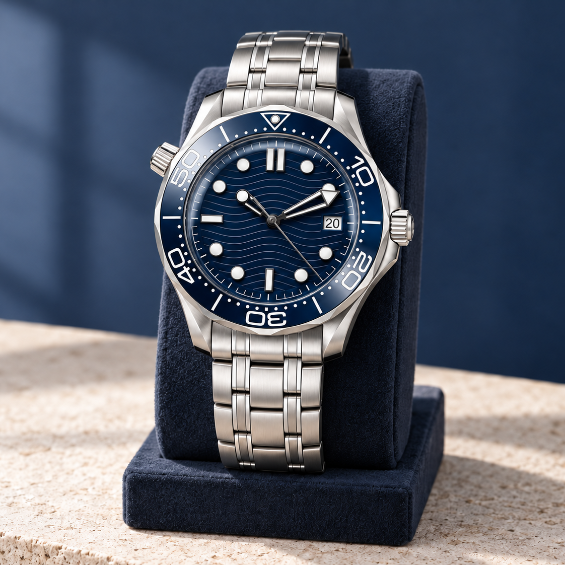 Oceanline Abyss Blue NH35 watch on a blue display stand