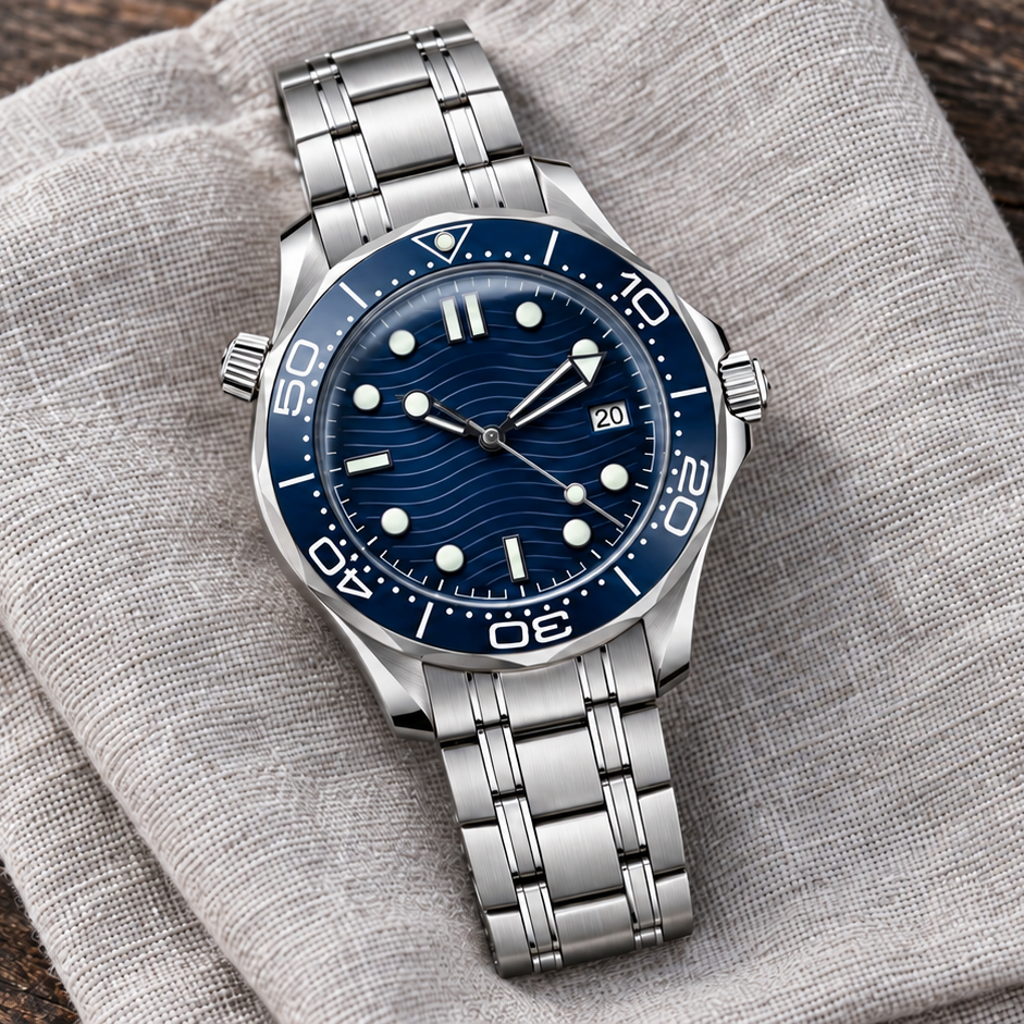 Oceanline Abyss Blue NH35 watch laid on pale linen