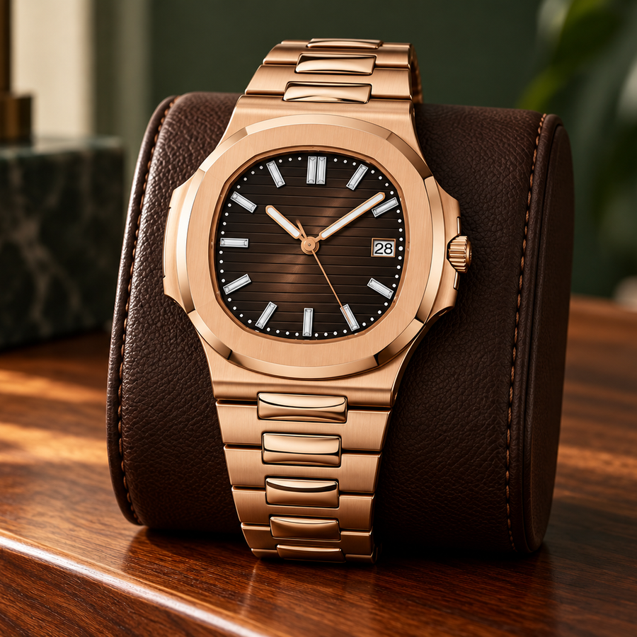 Nautiko Chocolate rose-gold-tone automatic watch standing on a brown leather display cushion