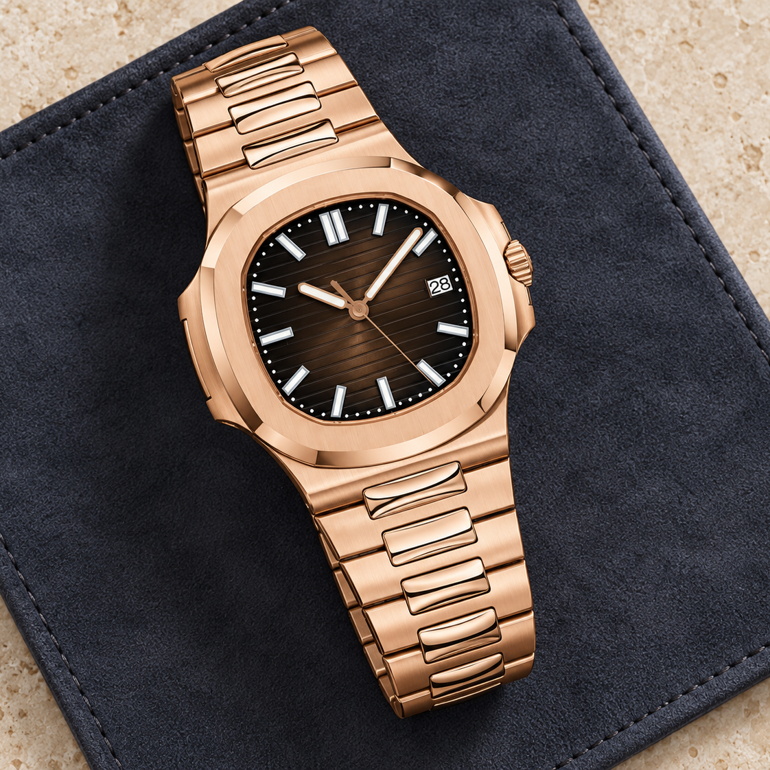 Closed chocolate-brown striped dial, date display, and integrated bracelet on navy suede