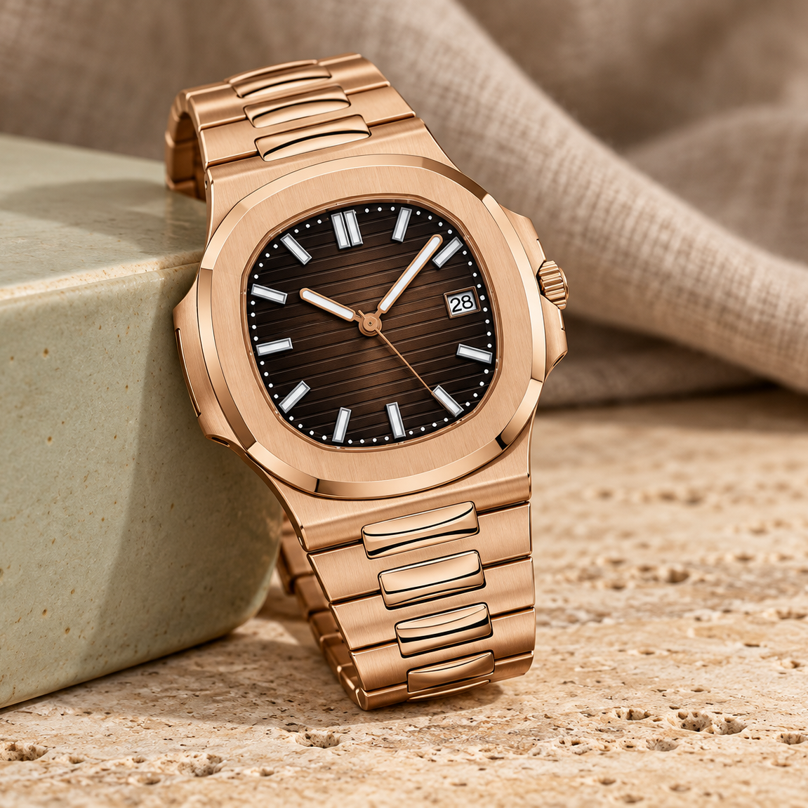Rose-gold-tone Nautiko Chocolate with dark brown dial on sage travertine