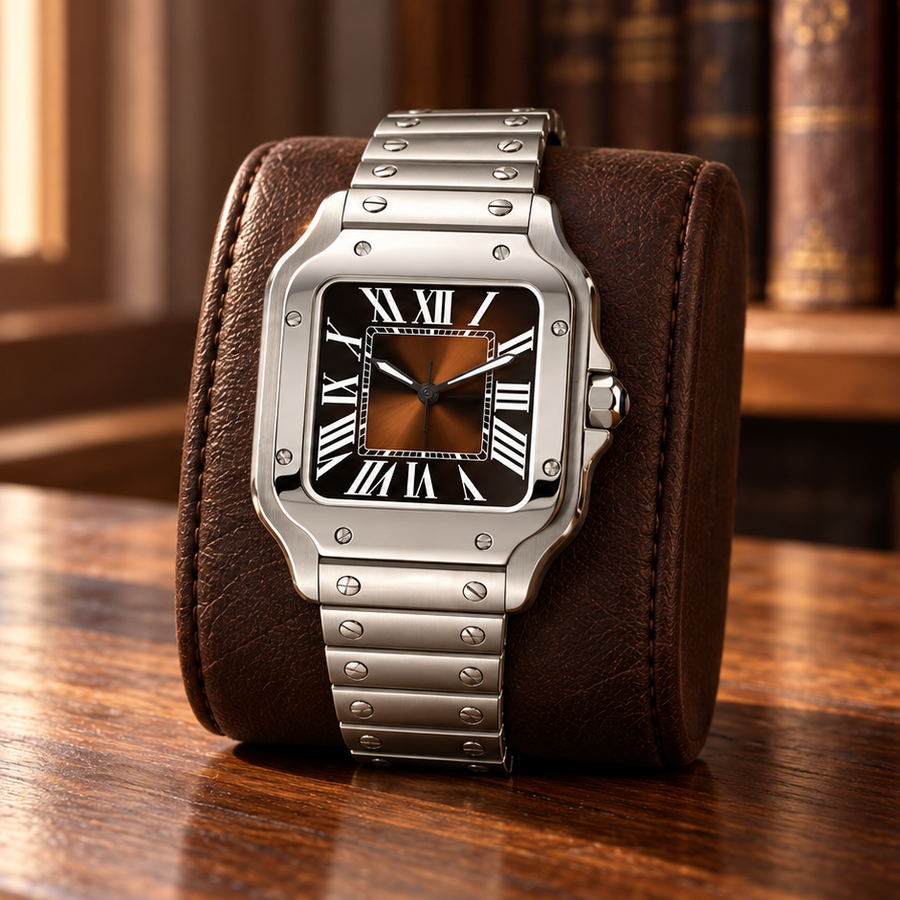 Santé Square Brown Burst square steel watch with brown sunburst dial on a leather display cushion and walnut desk