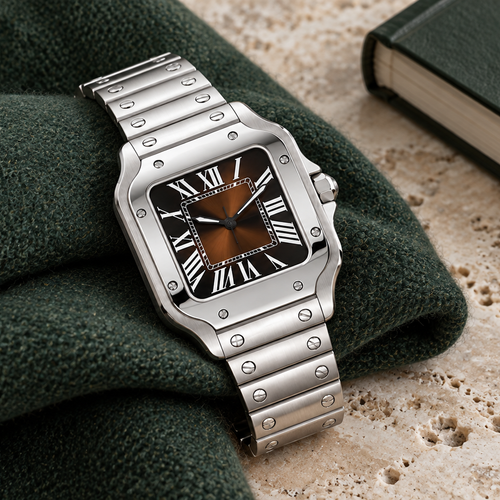 Santé Square Brown Burst steel watch with brown sunburst dial resting on green cloth and travertine