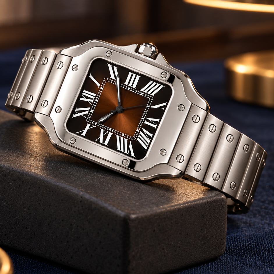 Santé Square Brown Burst square steel watch with brown sunburst dial on charcoal display block against navy fabric