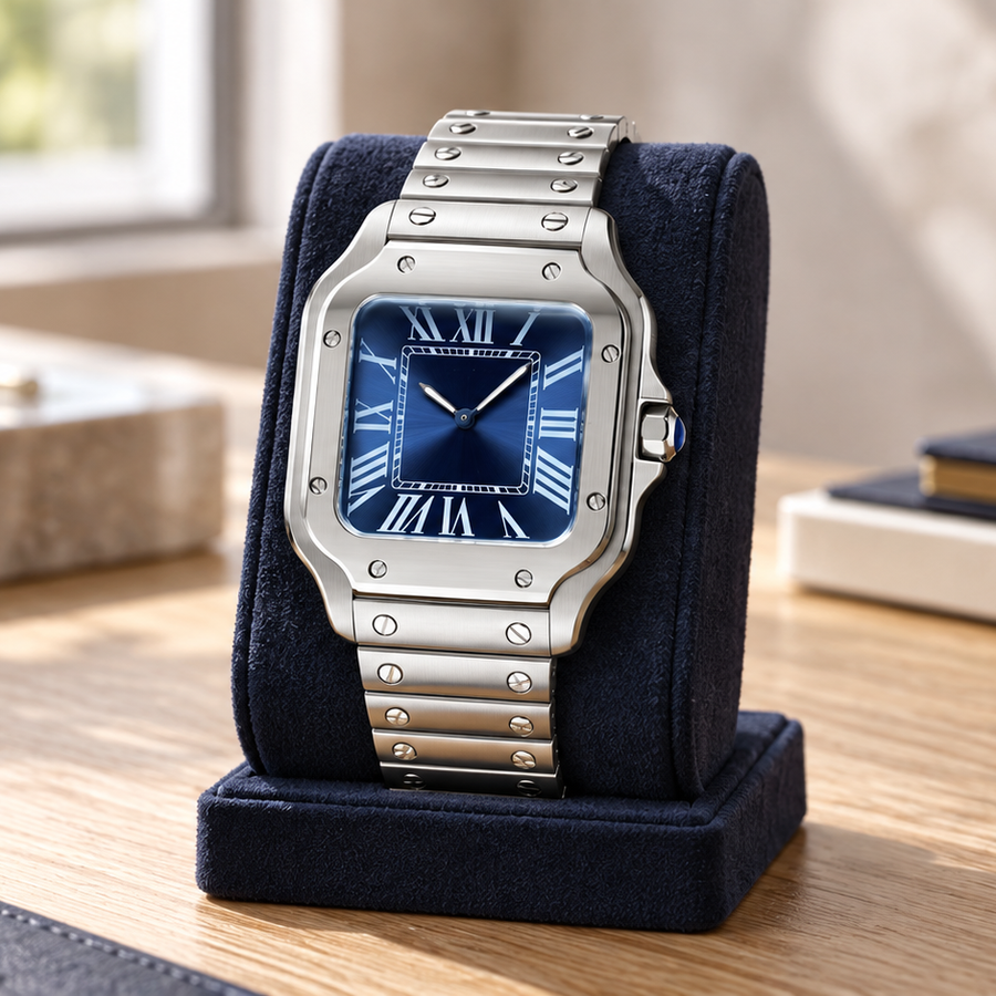 Santé Square Blue Burst silver square watch with blue sunburst dial on navy suede stand on oak