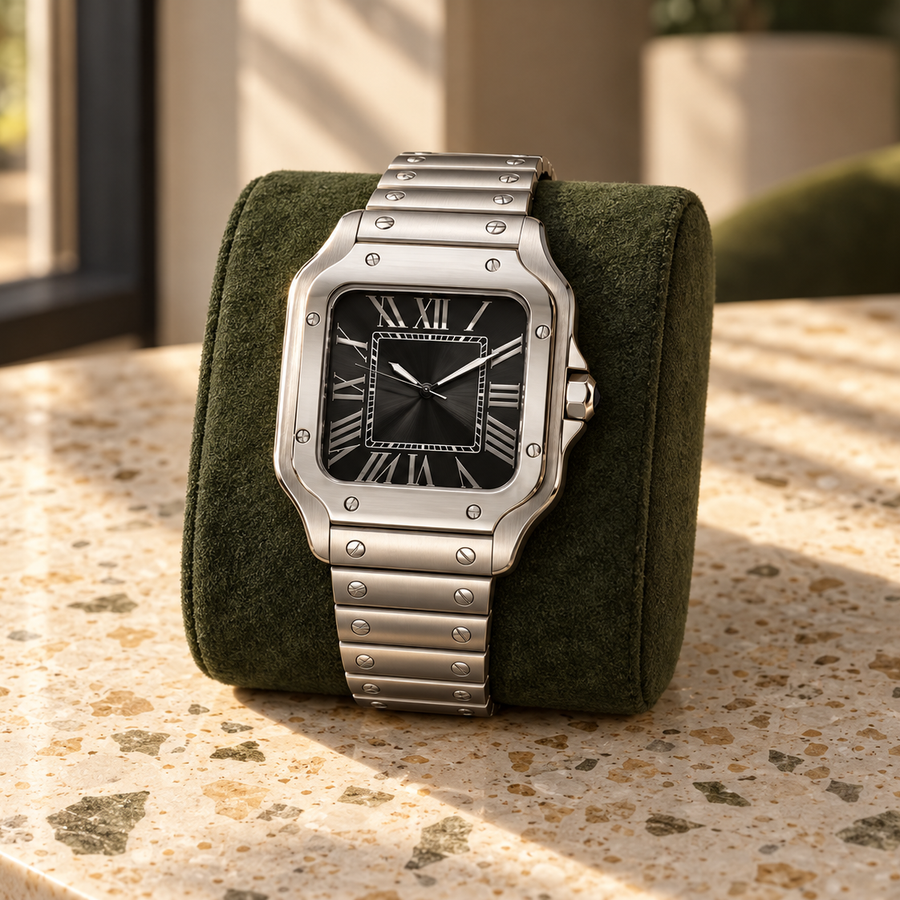 Santé Square Black Burst silver square watch with black sunburst dial on olive cushion and terrazzo