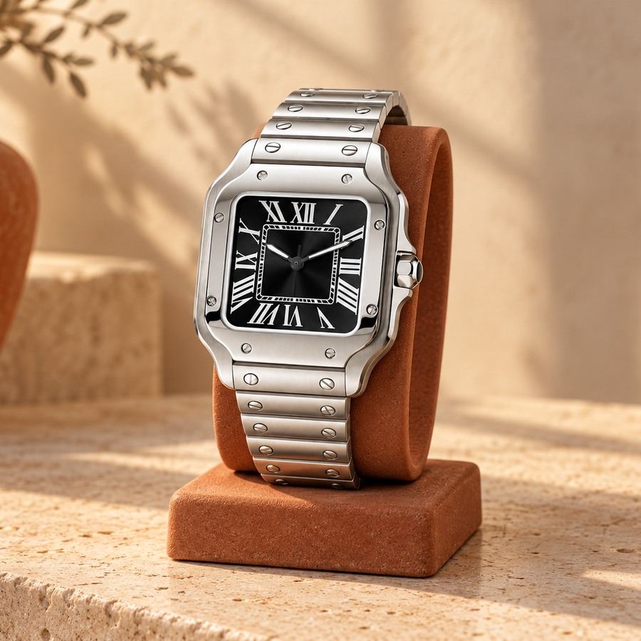 Santé Square Onyx Black silver watch with black Roman numeral dial on terracotta display stand