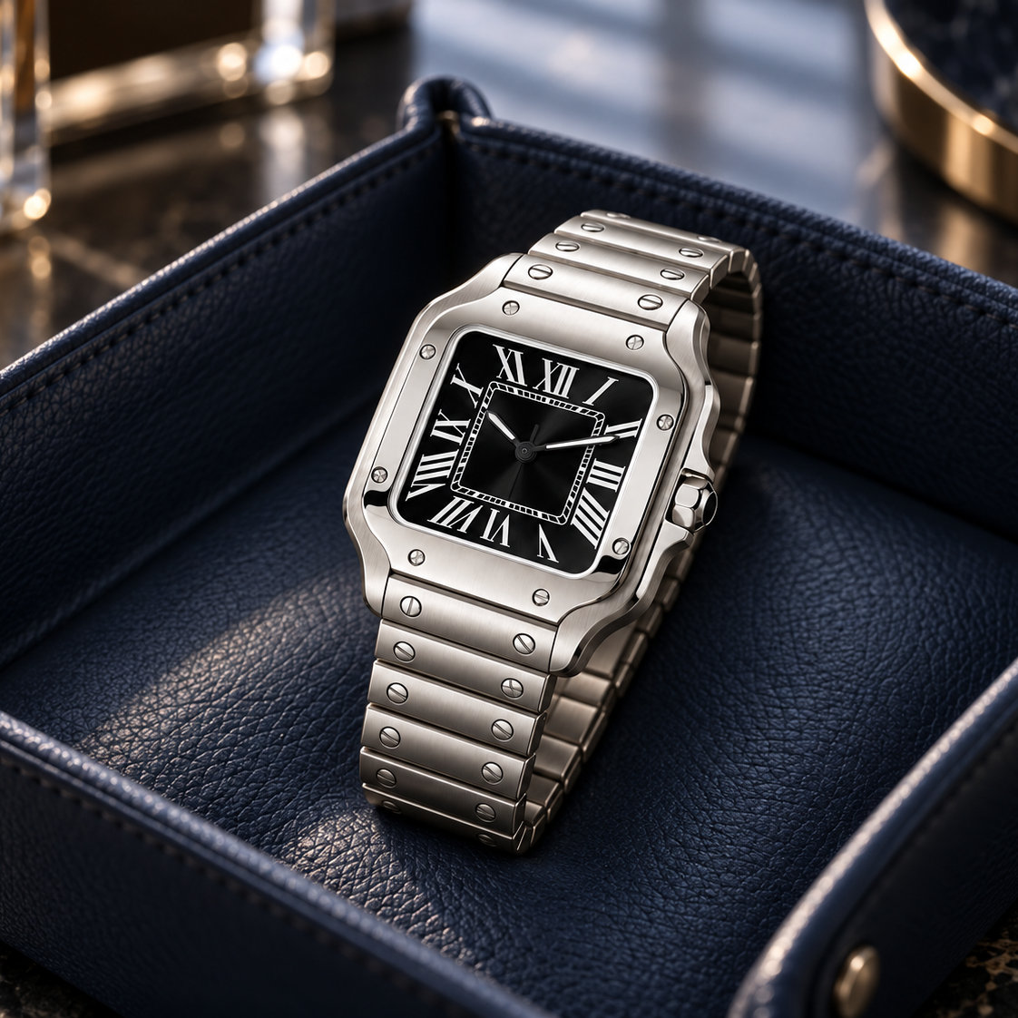 Santé Square Onyx Black square steel watch with black dial in navy leather valet tray