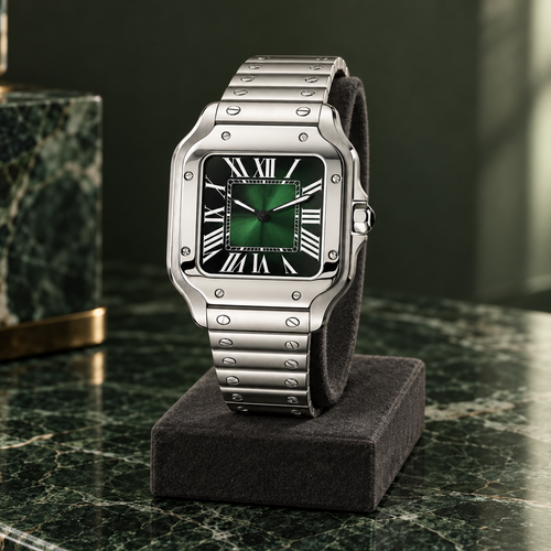 Santé Square Green Burst silver watch with green sunburst dial on a charcoal display stand on dark green marble