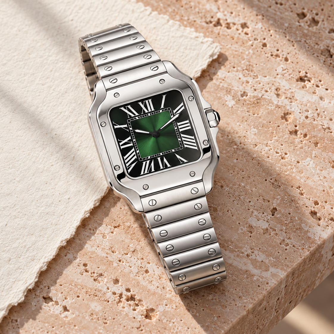 Santé Square Green Burst watch with green dial laid on pale fabric and rose travertine